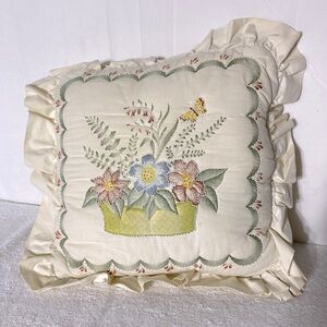 Vintage Handmade Floral Arrangement Pillow W Ruffle Edges Cottagecore Grandma